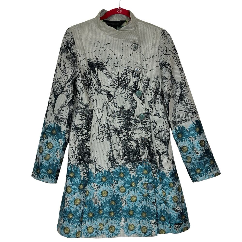 Desigual Jacket Women EU 38 US Small Artistic Toile Blue Floral Cherub Long Coat